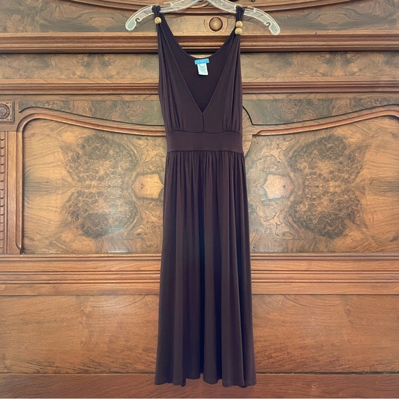 U-Knit Brown Stretchy Sleeveless V-neck Dress with Tie Waist - Picture 2 of 9